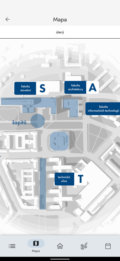 Snímek obrazovky ukazující interaktivní mapu veletrhu. Uprostřed nahoře
je nadpis Mapa, pod ním aktuální den veletrhu: úterý. Pod nimi jsou vyznačeny tři fakulty
v kampusu ČVUT: fakulta Stavební, fakulta Architektury a fakulta informačních technologií.
Kromě nich je vyznačená také Technická ulice, knihovna a šapitó.